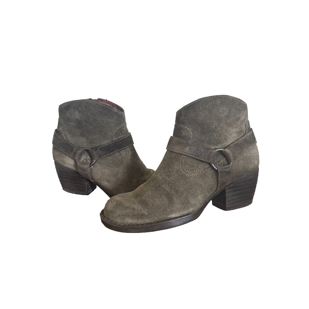 Born Suede Ankle Boots Olive Green Harness Western Boho Booties Womens 6 M